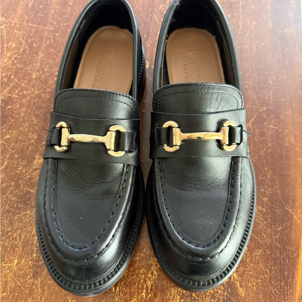 Women’s chunky black leather loafers with horse bit detail - size 7